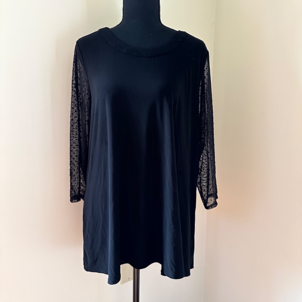 *ANNE KLEIN* Black Polka Dot Sheer Long Sleeve Top Size Large
